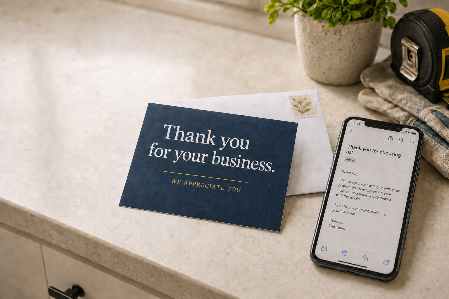 Thank-you postcard on a countertop after a completed home-service job