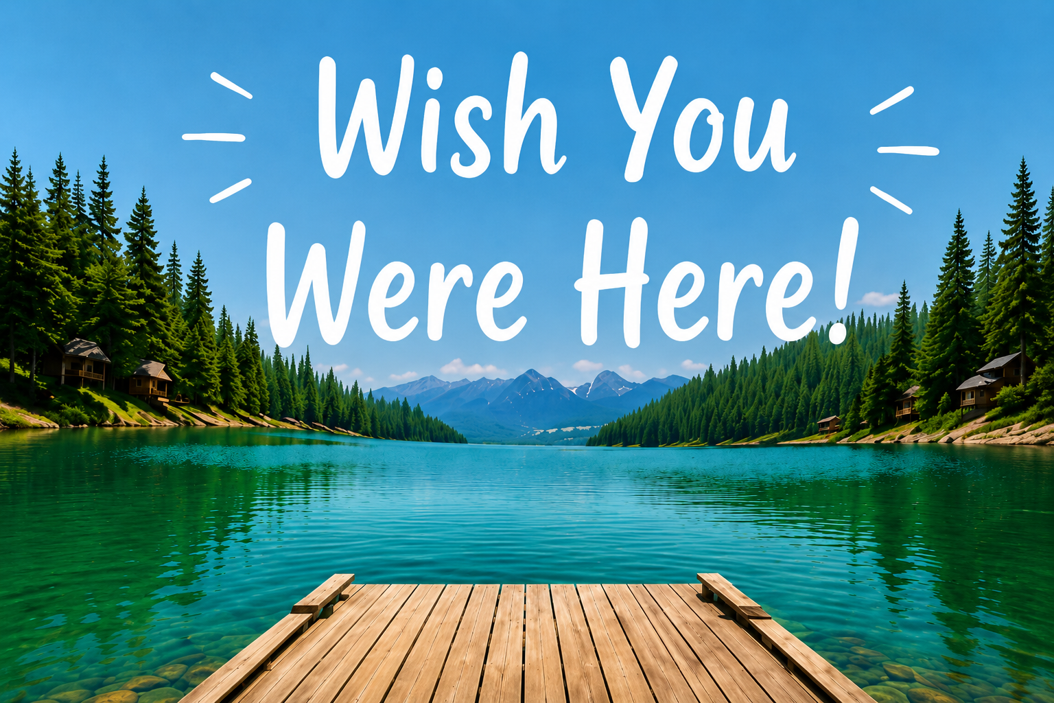 Example Forman3D camp postcard: a lake, dock, and mountains with a friendly camp message