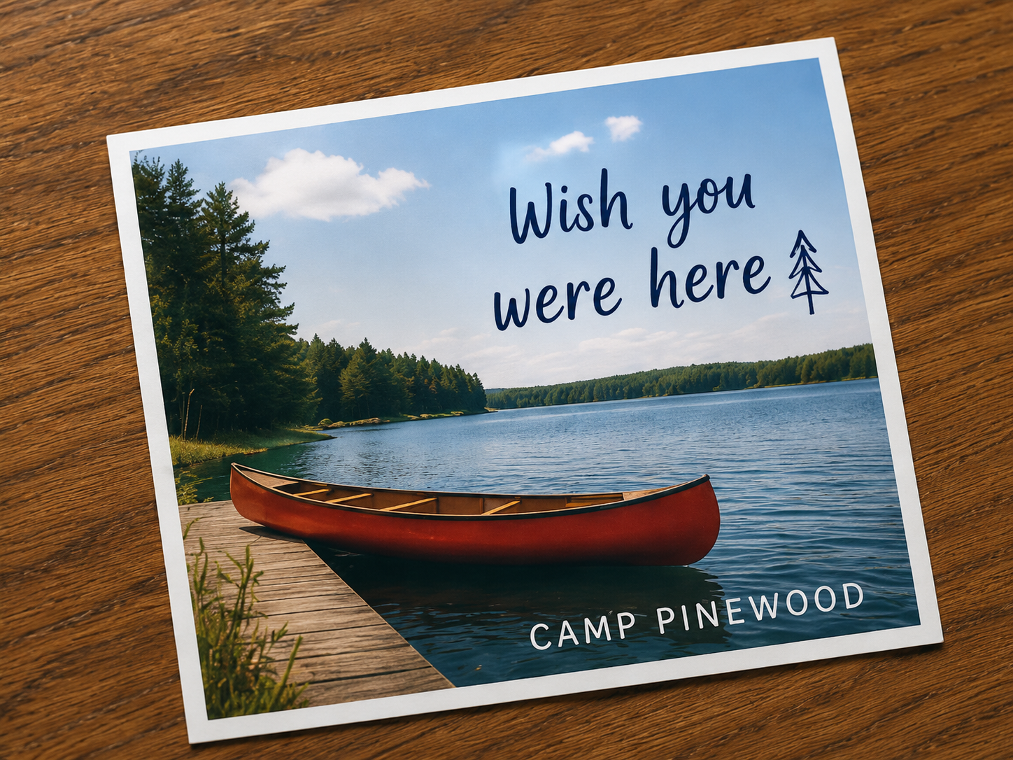 Summer camp postcard with a canoe on a lake and the words Wish you were here, resting on a wood table