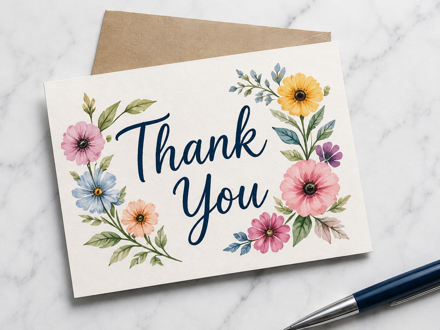 Floral thank-you postcard with a kraft envelope and a pen on a marble surface