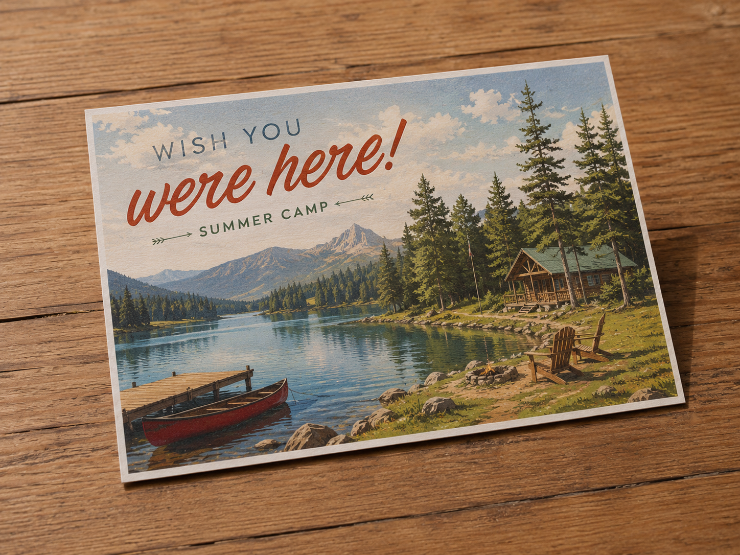 Finished summer camp postcard on a wood table