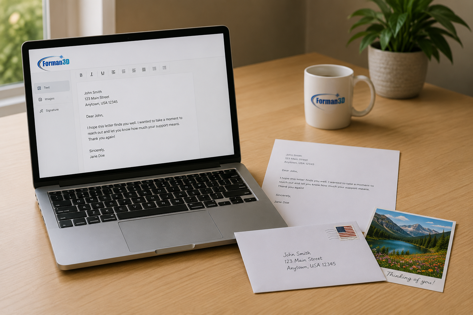 Forman3D letter editor on a laptop beside a printed letter, envelope, and postcard