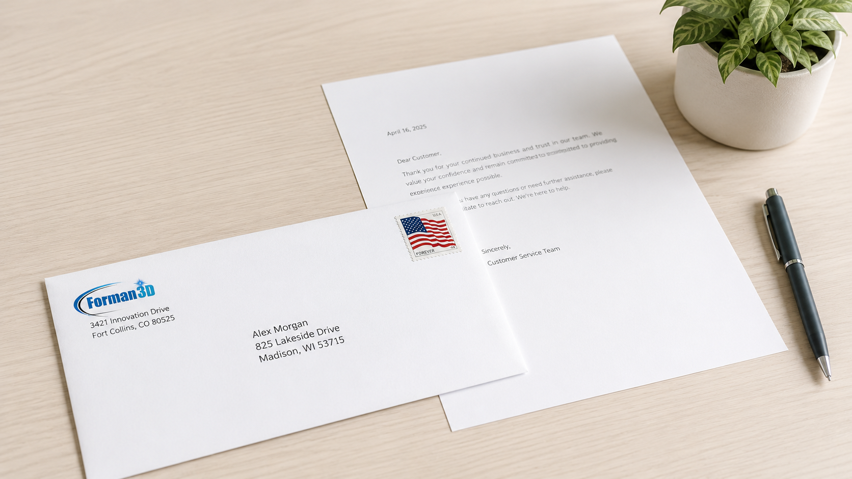 Printed letter and addressed envelope with postage on a clean desk