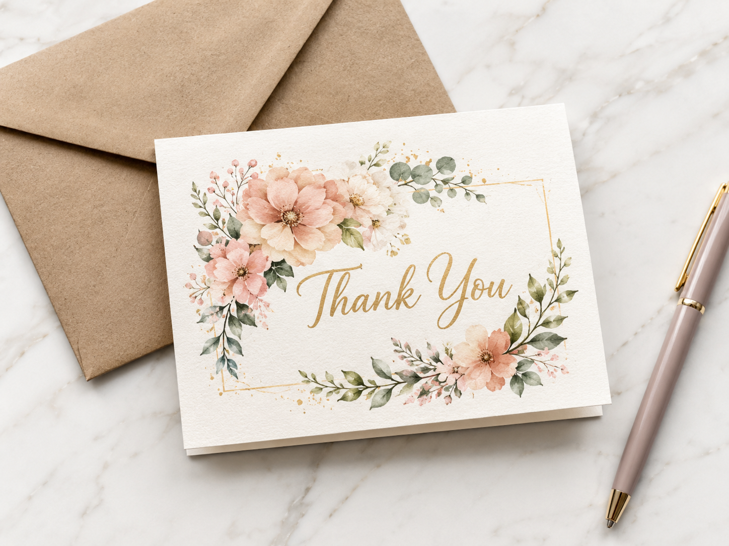 Finished floral thank-you postcard with envelope and pen